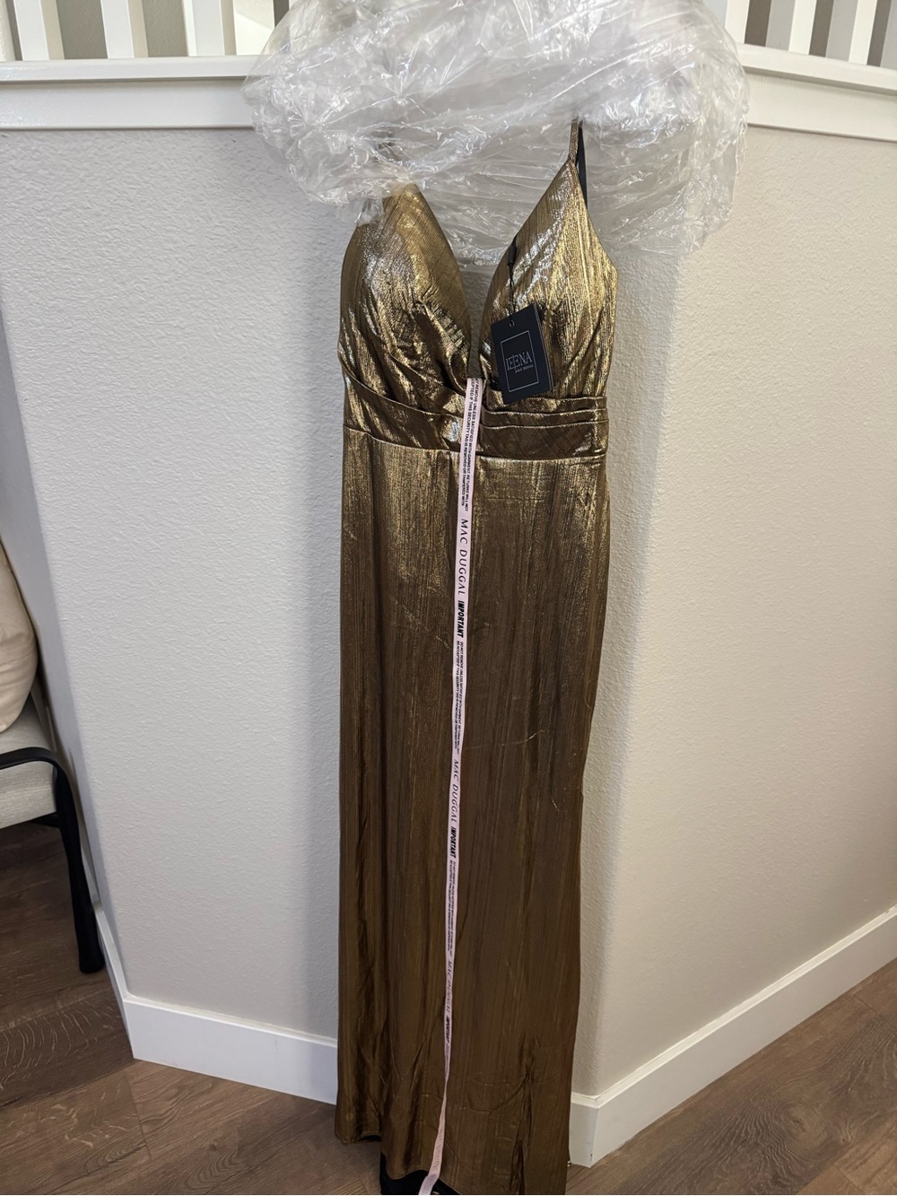 Mac Duggal Metallic Gold Plunging V-Neck Maxi Dress